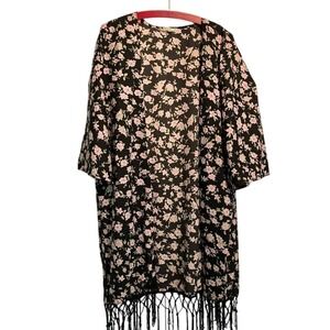 Vintage Dark Floral‎ Kimono with Fringe Silk Size L Whimsigoth Goth Grunge Artsy